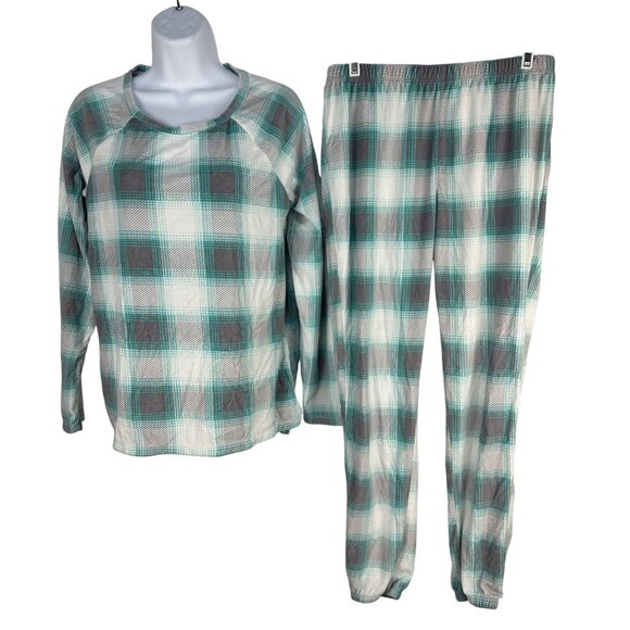 Sonoma Womens Small Plaid Turquoise Gray Pajama Set Long Sleeve Top Elastic Pant - Picture 1 of 8